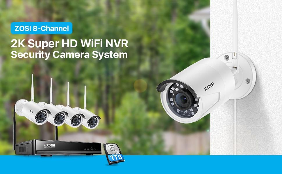 ZOSI 8Channel 3MP 2K 1TB Hard Drive NVR Security Camera System with 4Wireless Bullet Cameras